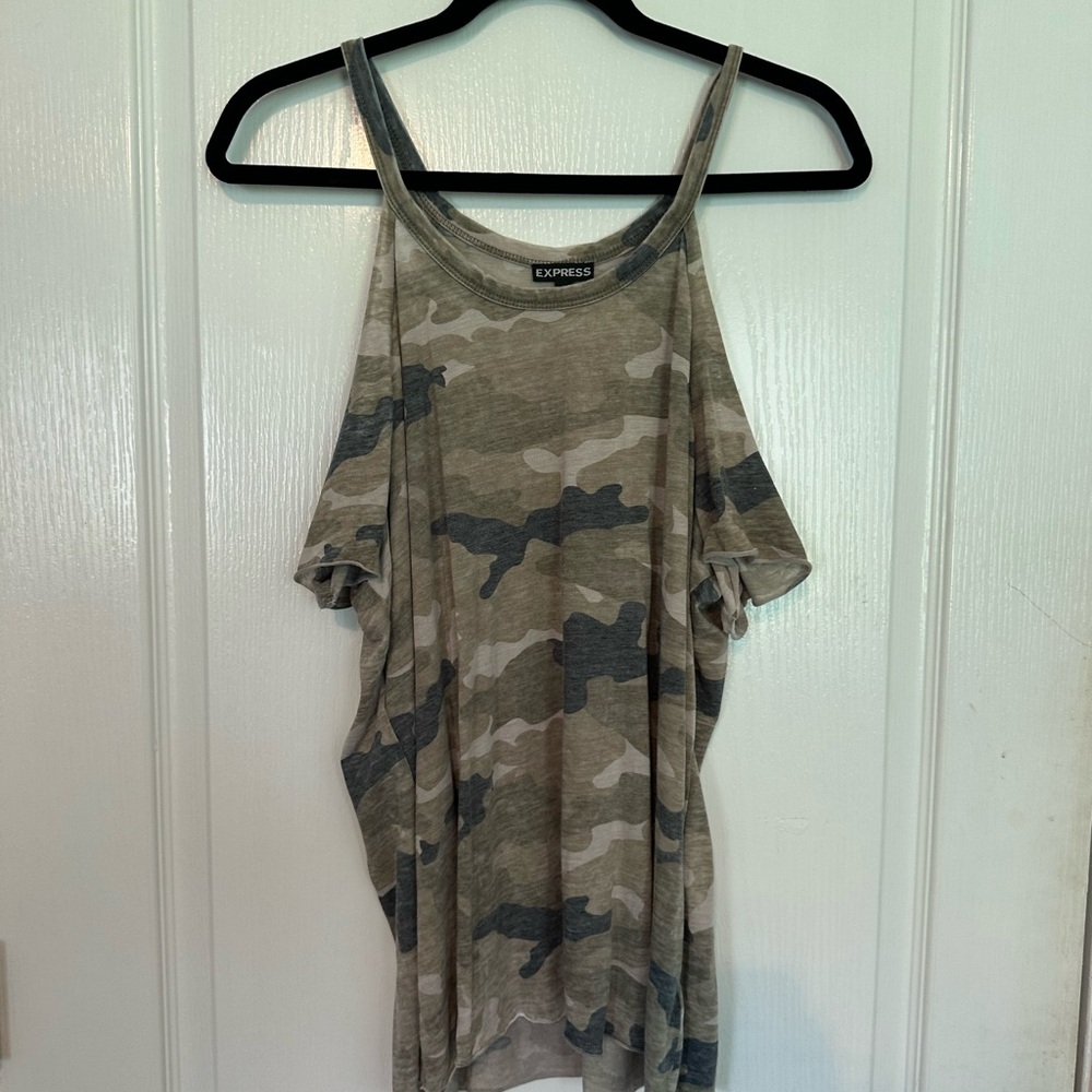 Express Green and Brown camo cold shoulder Tank Top